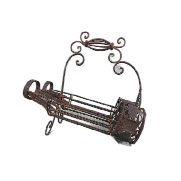 Wrought Iron Wine Caddy Vintage Wine Rack Ornamental Handle Fine Metal Work - Picture 1 of 10